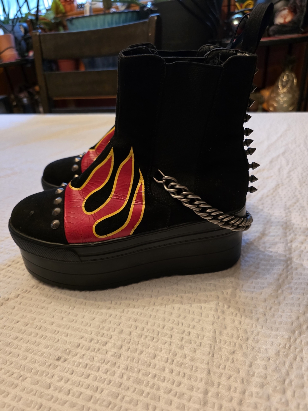 Women’s Black Platform Moto Boots with Red Flame Accent and Chain W12 M10.5